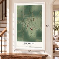 Williams, Minnesota map, 24 x 36 inch print in a white frame by a staircase
