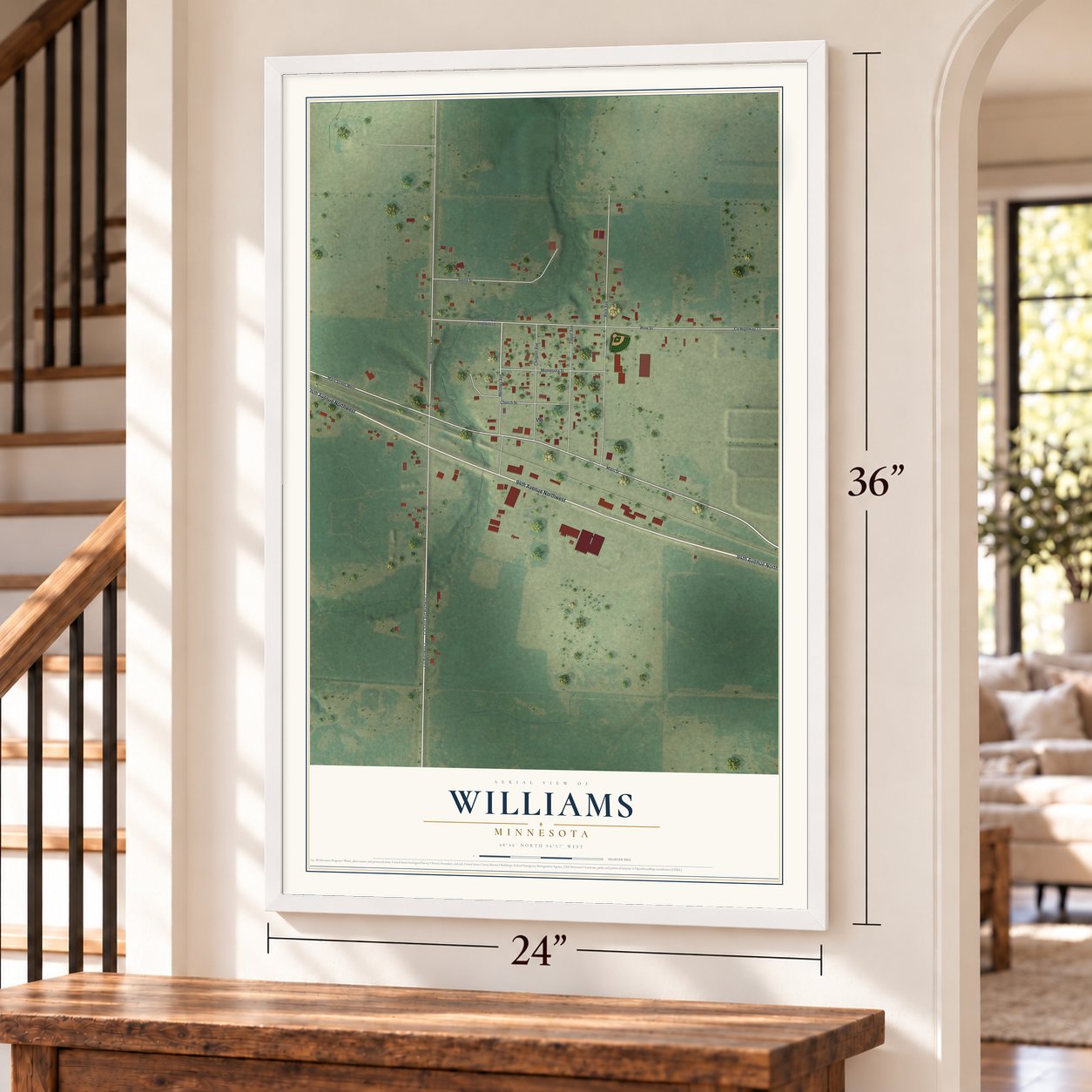 Williams, Minnesota map, 24 x 36 inch print in a white frame by a staircase