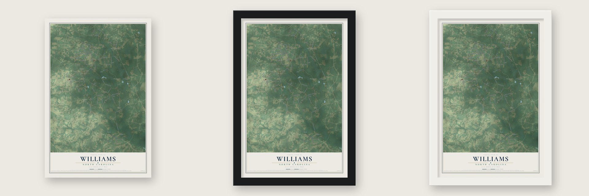 Williams, North Carolina map unframed, in a black wood frame and in a white wood frame