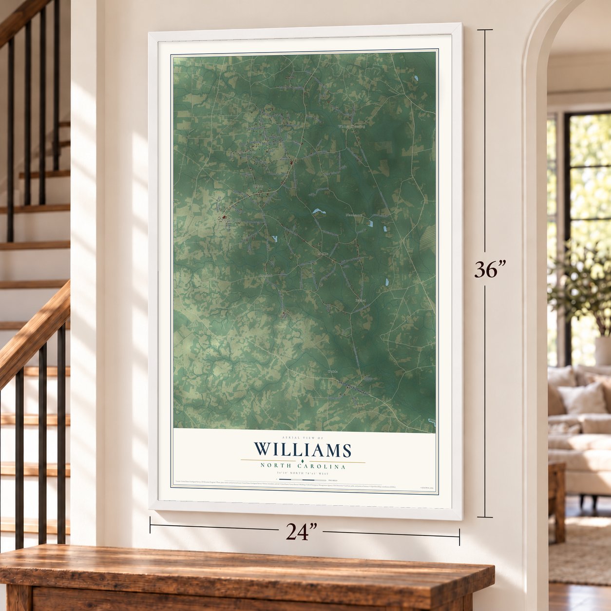 Williams, North Carolina map, 24 x 36 inch print in a white frame by a staircase