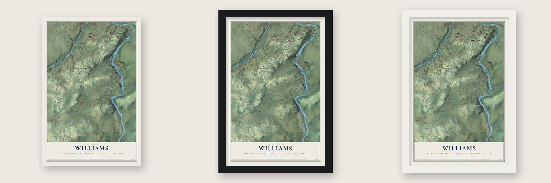 Williams, Northampton County, Pennsylvania map unframed, in a black wood frame and in a white wood frame