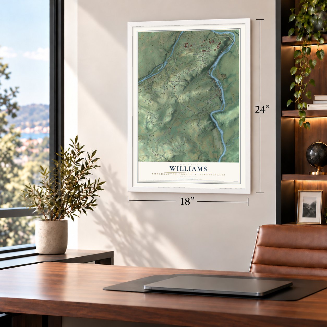 Williams, Northampton County, Pennsylvania map, 18 x 24 inch print in a white frame in a home office