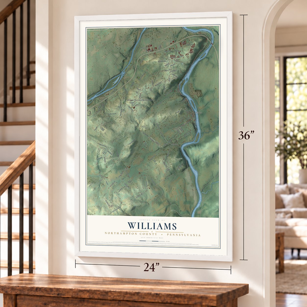 Williams, Northampton County, Pennsylvania map, 24 x 36 inch print in a white frame by a staircase