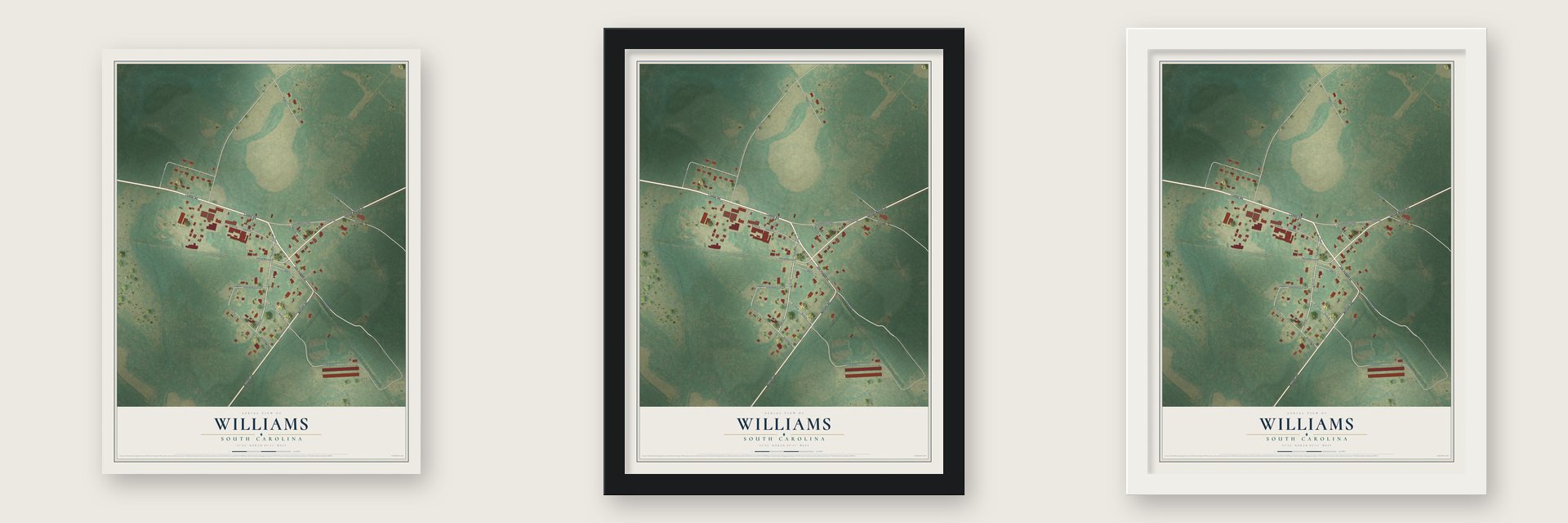 Williams, South Carolina map unframed, in a black wood frame and in a white wood frame
