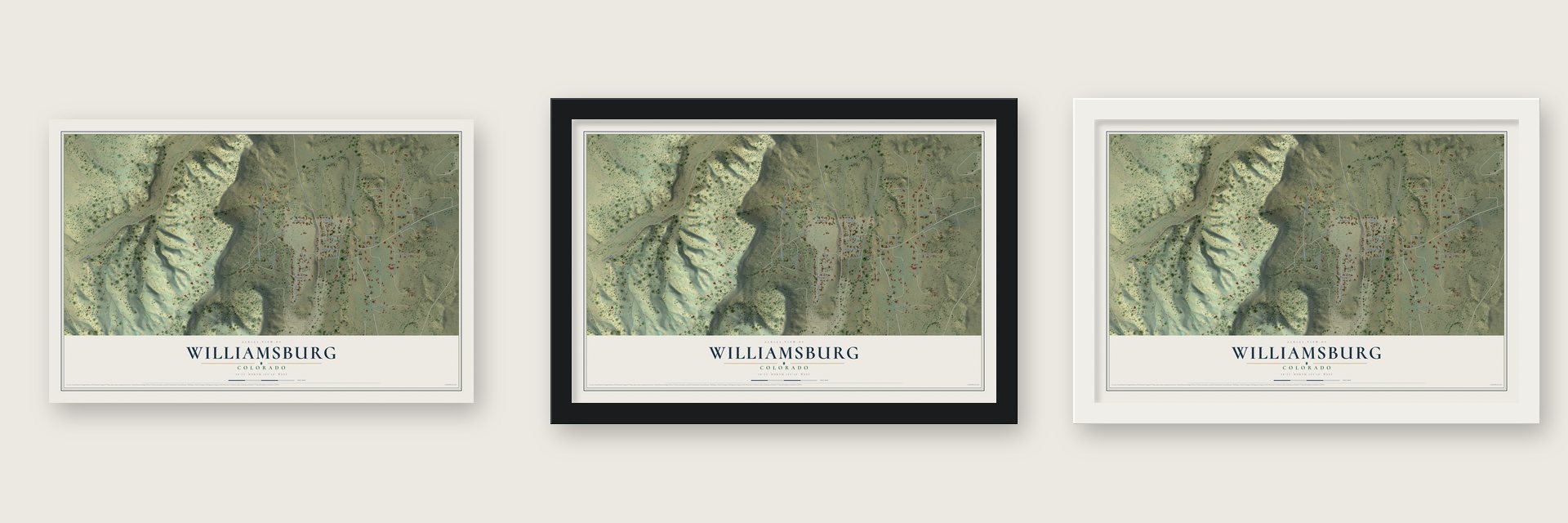 Williamsburg, Colorado map unframed, in a black wood frame and in a white wood frame