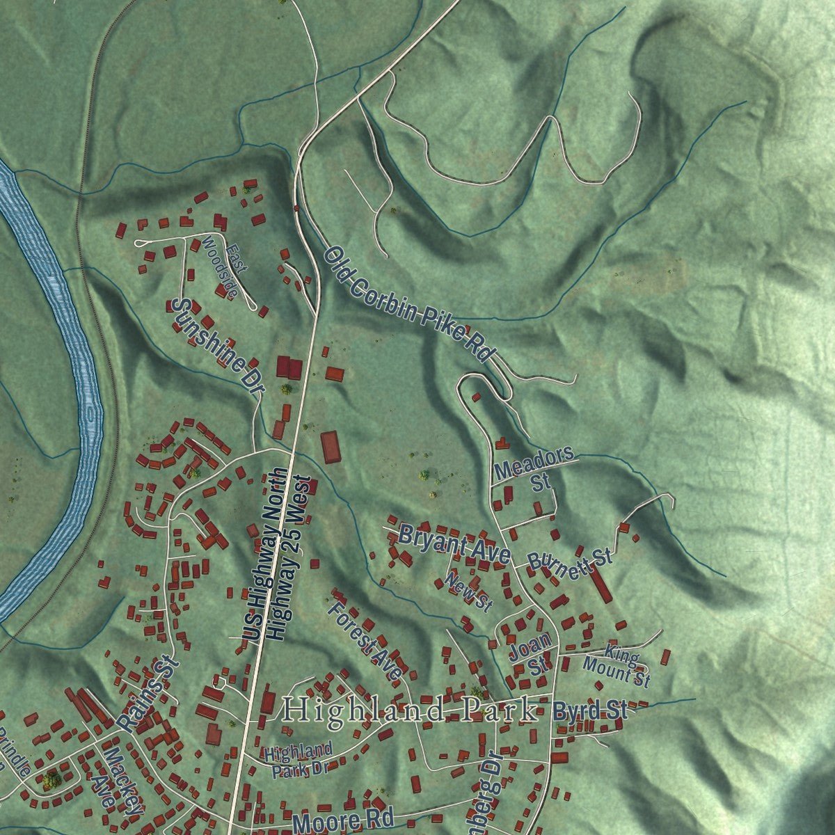 Second close-up of the map of Williamsburg, Kentucky print showing more streets and buildings