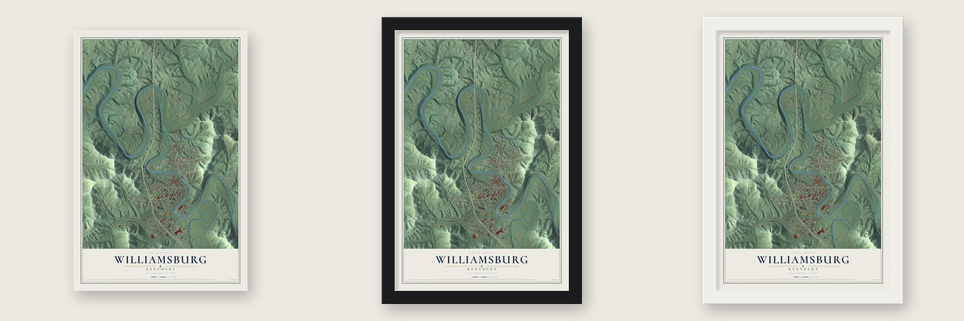 Williamsburg, Kentucky map unframed, in a black wood frame and in a white wood frame