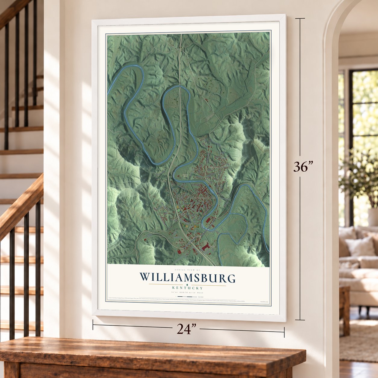 Williamsburg, Kentucky map, 24 x 36 inch print in a white frame by a staircase