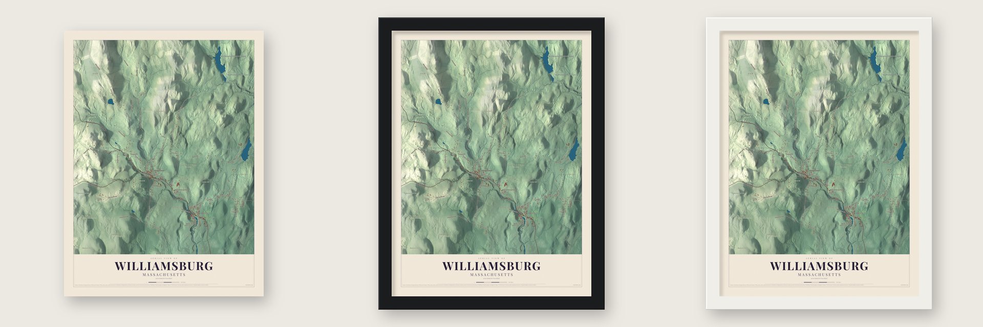 Williamsburg, Massachusetts map unframed, in a black wood frame and in a white wood frame