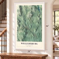 Williamsburg, Massachusetts map, 24 x 36 inch print in a white frame by a staircase