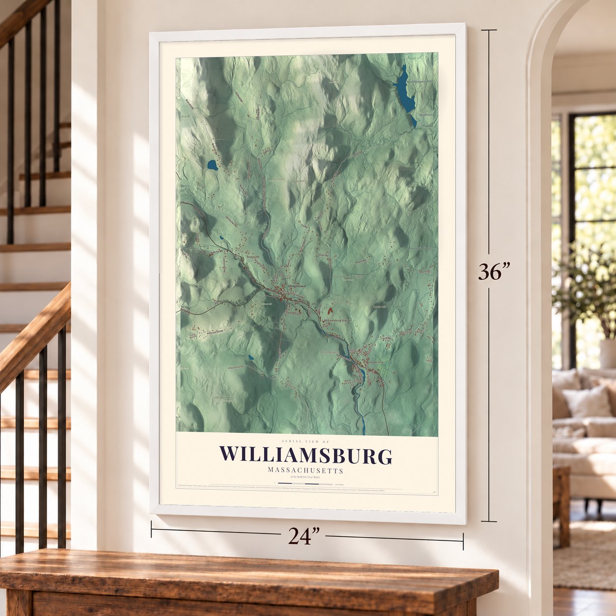 Williamsburg, Massachusetts map, 24 x 36 inch print in a white frame by a staircase