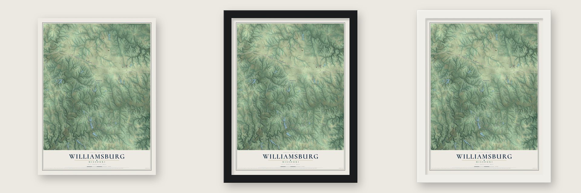 Williamsburg, Missouri map unframed, in a black wood frame and in a white wood frame