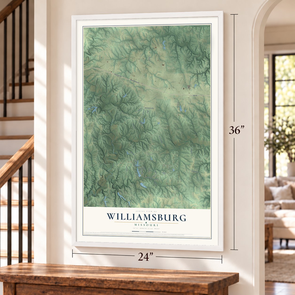 Williamsburg, Missouri map, 24 x 36 inch print in a white frame by a staircase