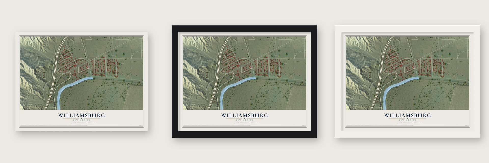 Williamsburg, New Mexico map unframed, in a black wood frame and in a white wood frame