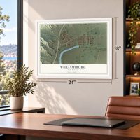 Williamsburg, New Mexico map, 18 x 24 inch print in a white frame in a home office