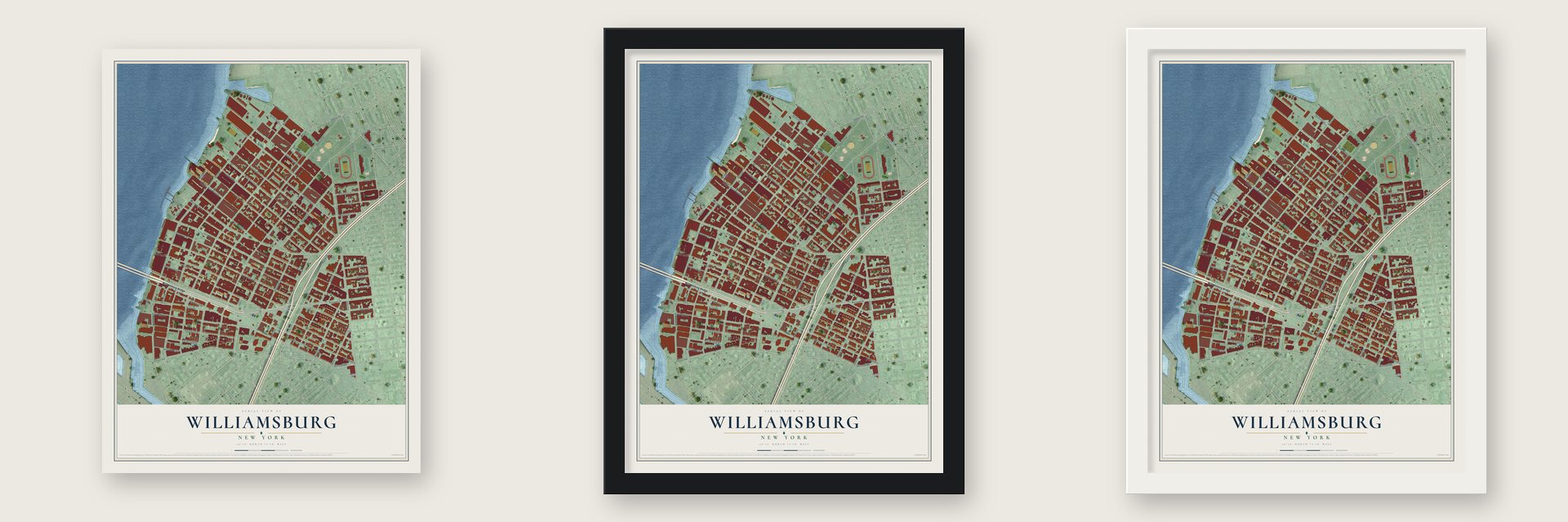 Williamsburg, New York map unframed, in a black wood frame and in a white wood frame