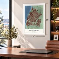 Williamsburg, New York map, 18 x 24 inch print in a white frame in a home office