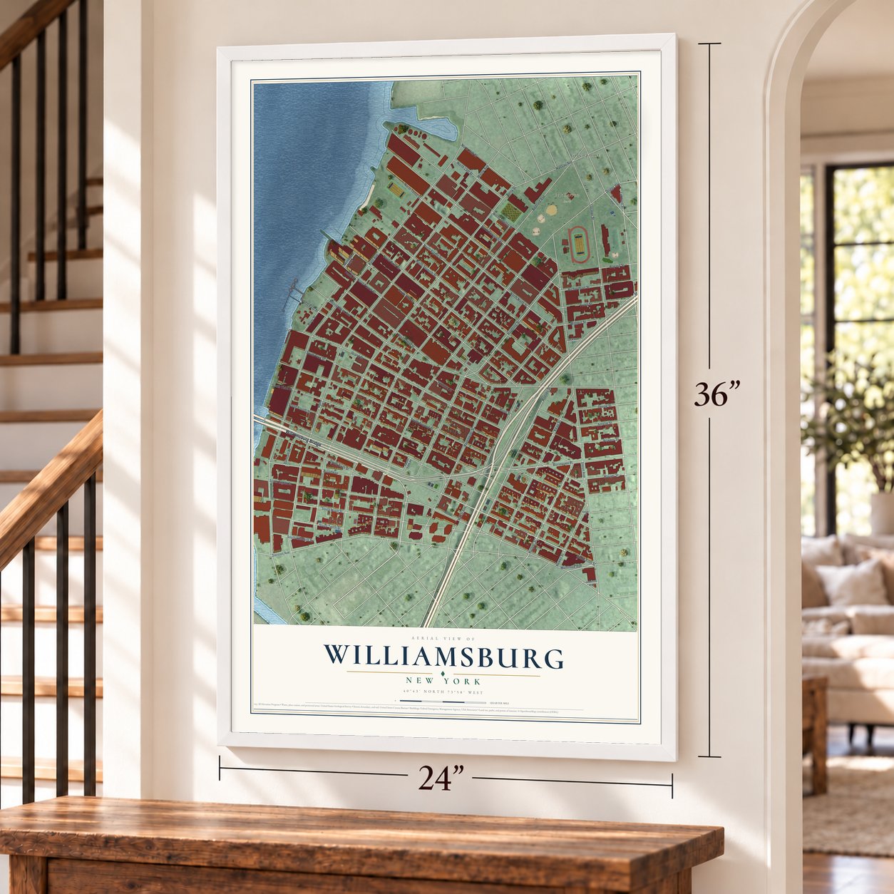 Williamsburg, New York map, 24 x 36 inch print in a white frame by a staircase