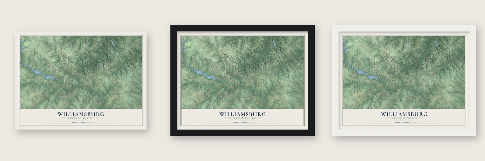 Williamsburg, North Carolina map unframed, in a black wood frame and in a white wood frame