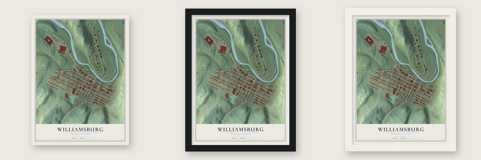 Williamsburg, Pennsylvania map unframed, in a black wood frame and in a white wood frame