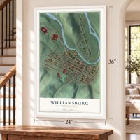 Williamsburg, Pennsylvania map, 24 x 36 inch print in a white frame by a staircase