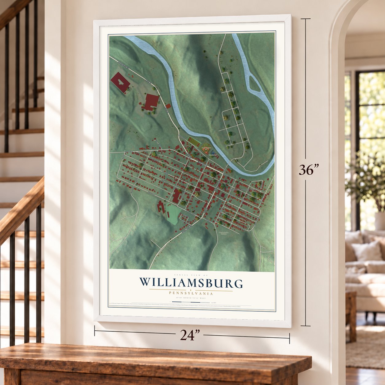 Williamsburg, Pennsylvania map, 24 x 36 inch print in a white frame by a staircase