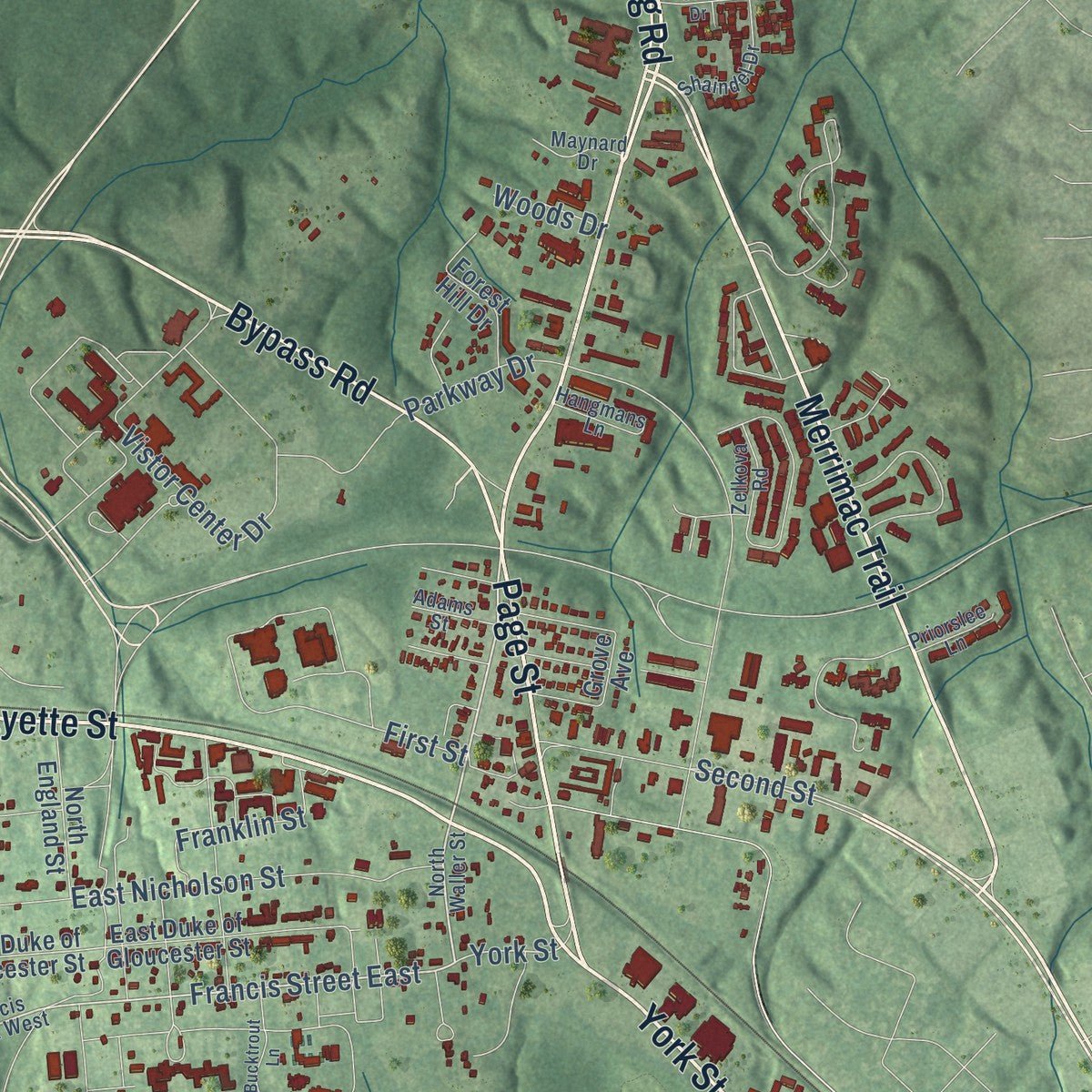 Second close-up of the map of Williamsburg, Virginia print showing more streets and buildings