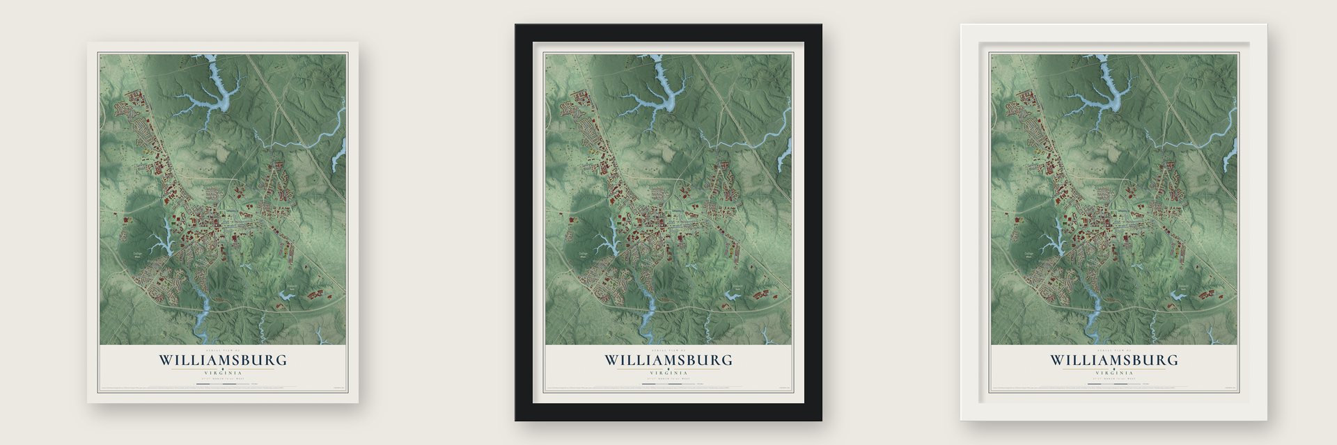 Williamsburg, Virginia map unframed, in a black wood frame and in a white wood frame