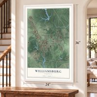 Williamsburg, Virginia map, 24 x 36 inch print in a white frame by a staircase