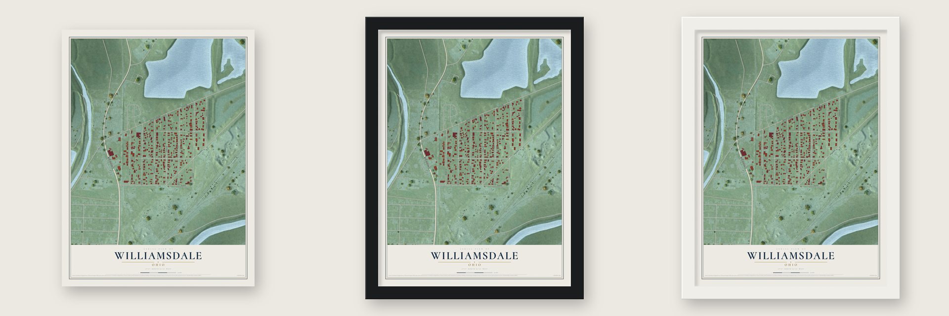 Williamsdale, Ohio map unframed, in a black wood frame and in a white wood frame