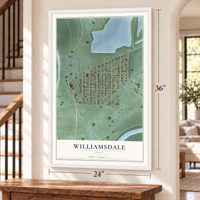 Williamsdale, Ohio map, 24 x 36 inch print in a white frame by a staircase