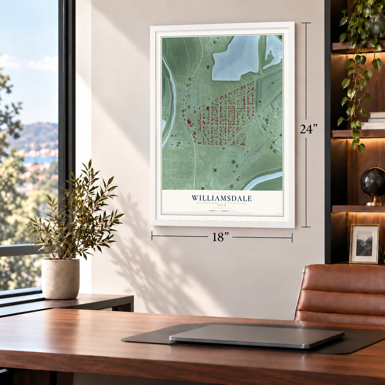 Williamsdale, Ohio map, 18 x 24 inch print in a white frame in a home office