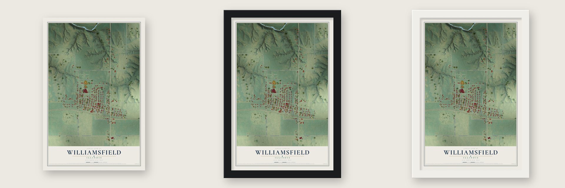 Williamsfield, Illinois map unframed, in a black wood frame and in a white wood frame