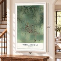 Williamsfield, Illinois map, 24 x 36 inch print in a white frame by a staircase