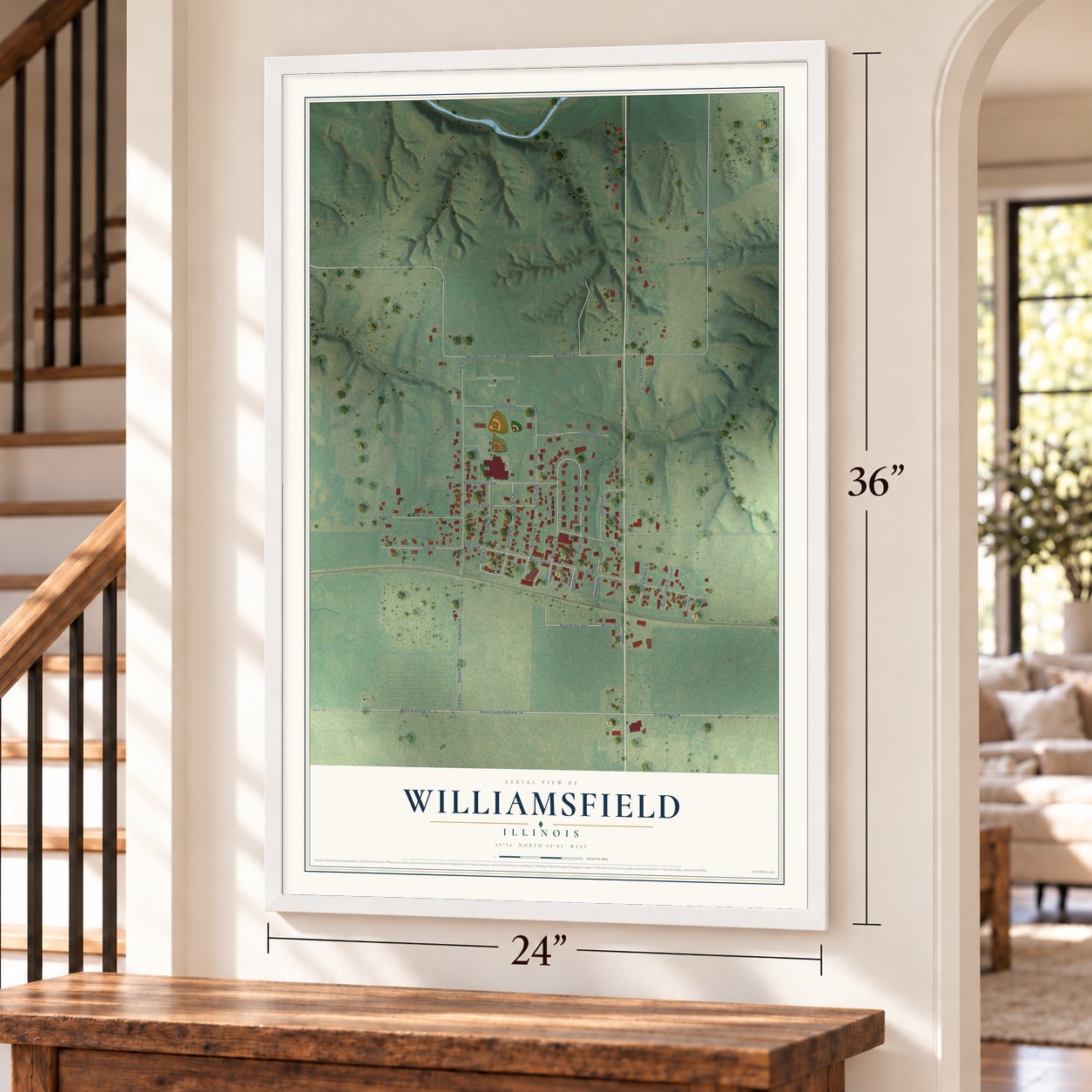 Williamsfield, Illinois map, 24 x 36 inch print in a white frame by a staircase