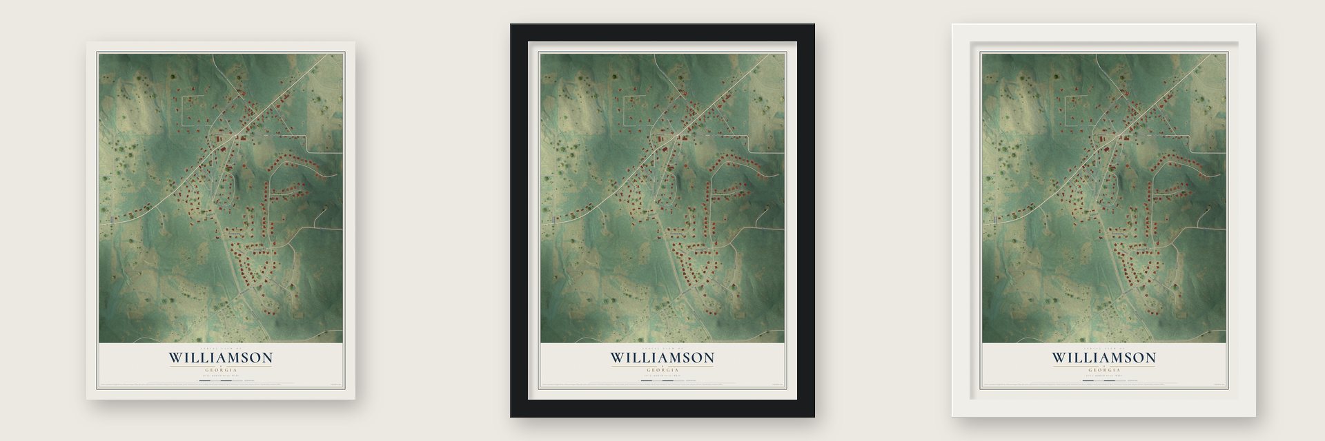Williamson, Georgia map unframed, in a black wood frame and in a white wood frame