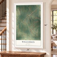 Williamson, Georgia map, 24 x 36 inch print in a white frame by a staircase