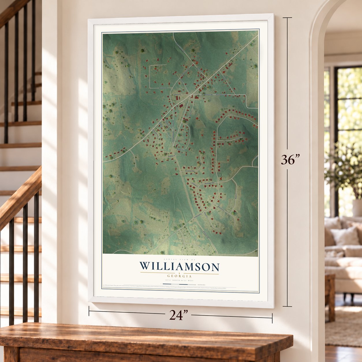 Williamson, Georgia map, 24 x 36 inch print in a white frame by a staircase