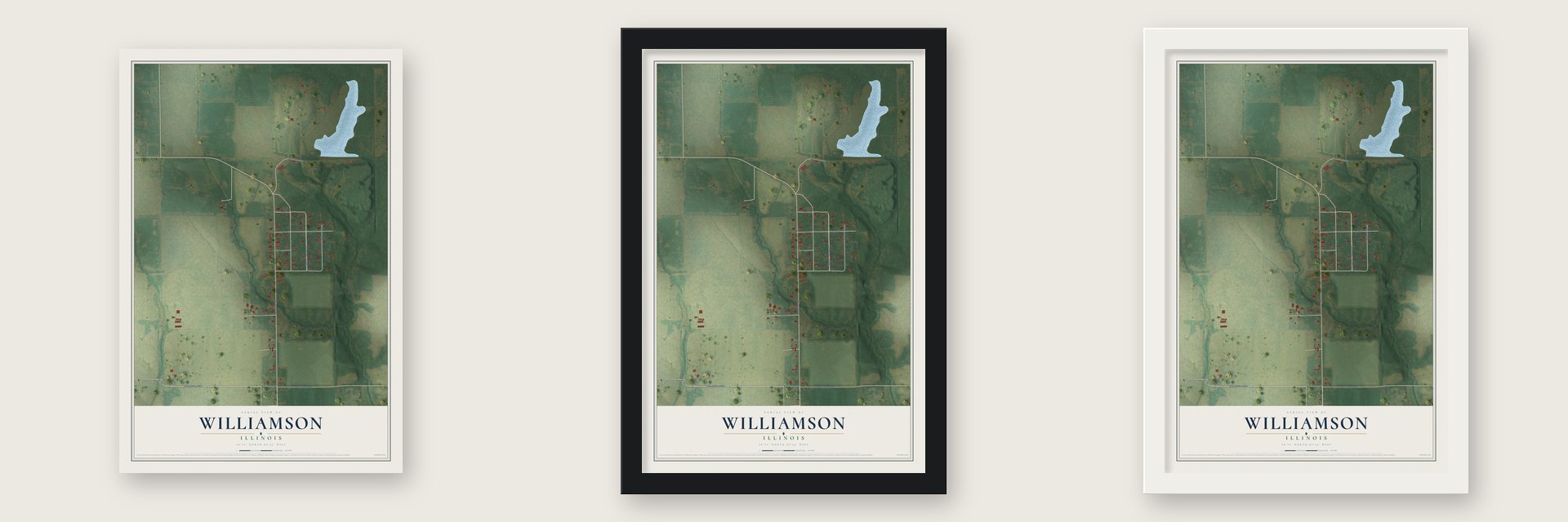 Williamson, Illinois map unframed, in a black wood frame and in a white wood frame