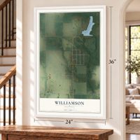 Williamson, Illinois map, 24 x 36 inch print in a white frame by a staircase