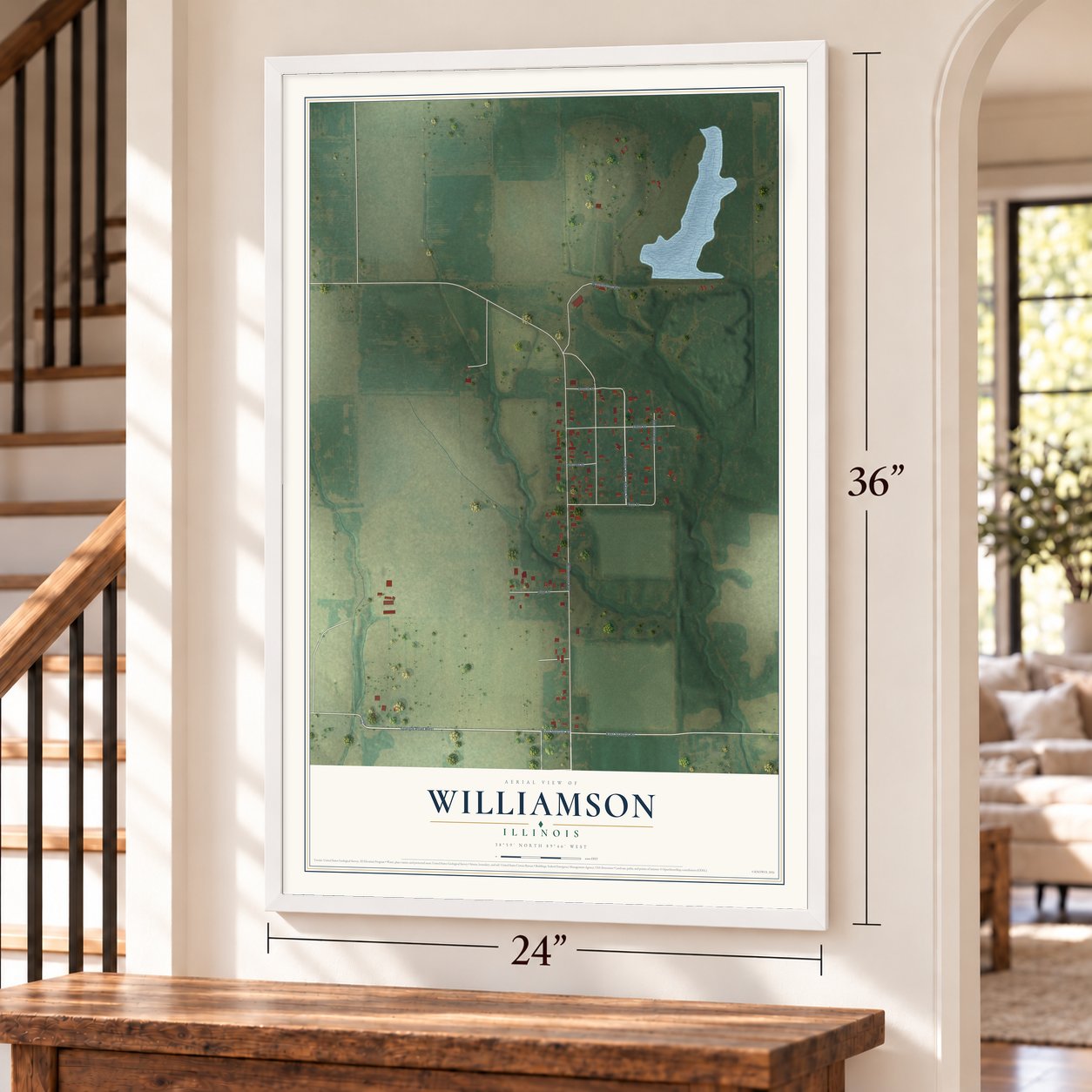 Williamson, Illinois map, 24 x 36 inch print in a white frame by a staircase