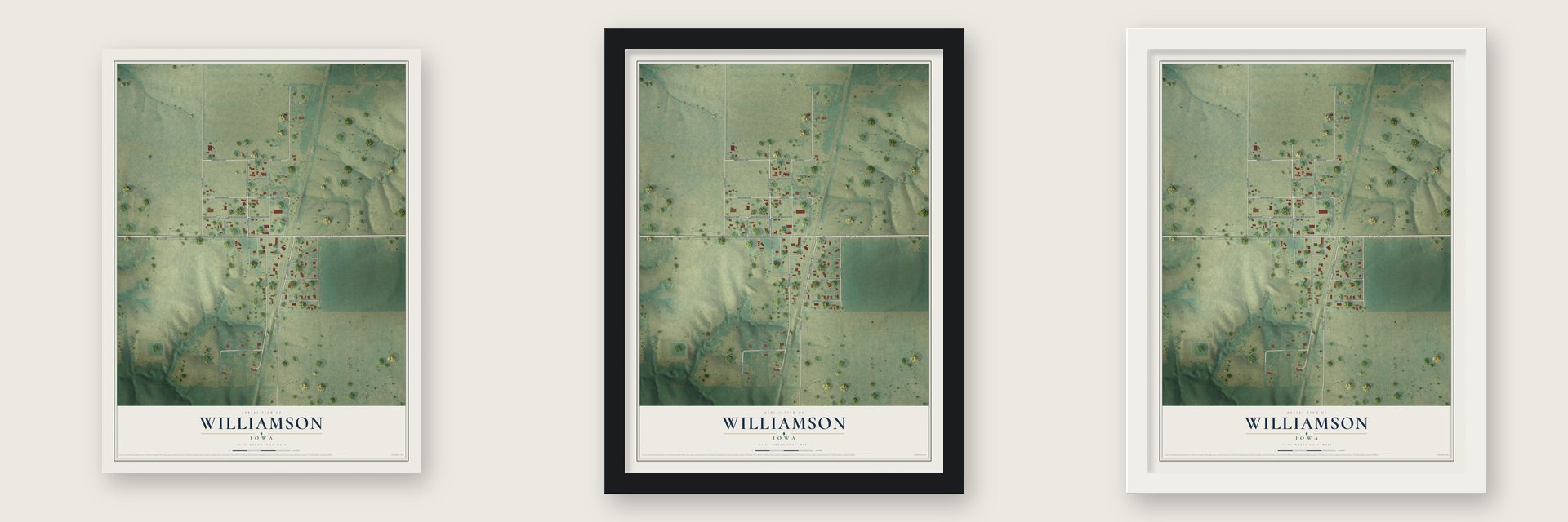 Williamson, Iowa map unframed, in a black wood frame and in a white wood frame