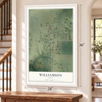 Williamson, Iowa map, 24 x 36 inch print in a white frame by a staircase