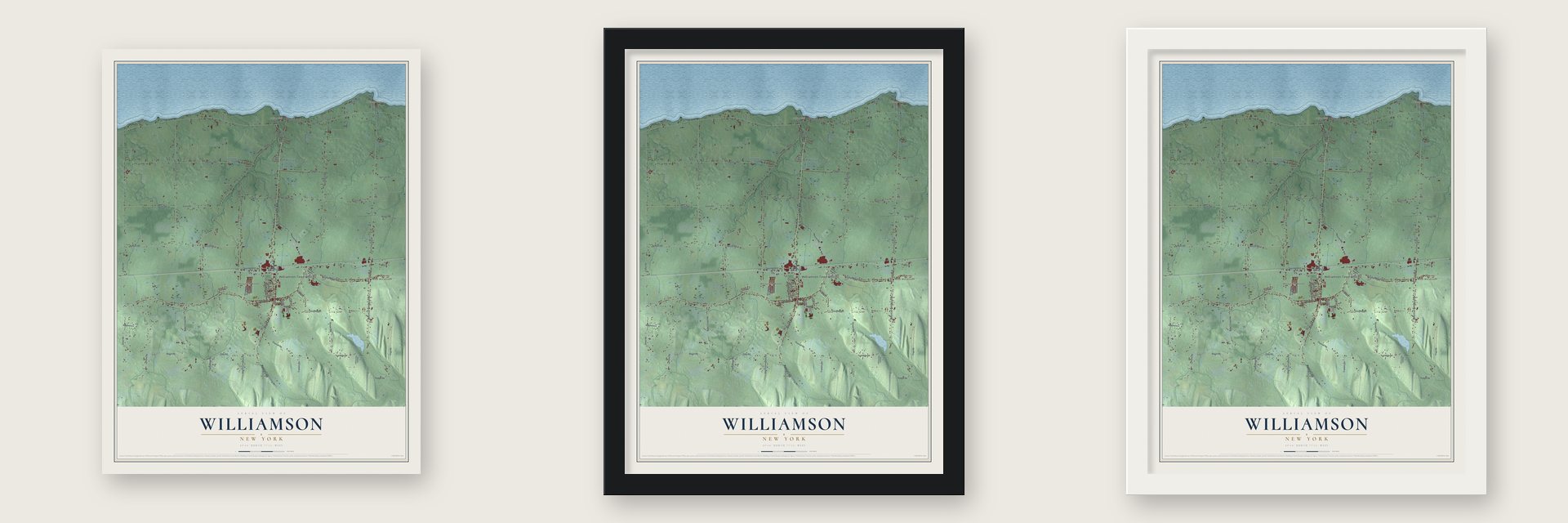 Williamson, New York map unframed, in a black wood frame and in a white wood frame