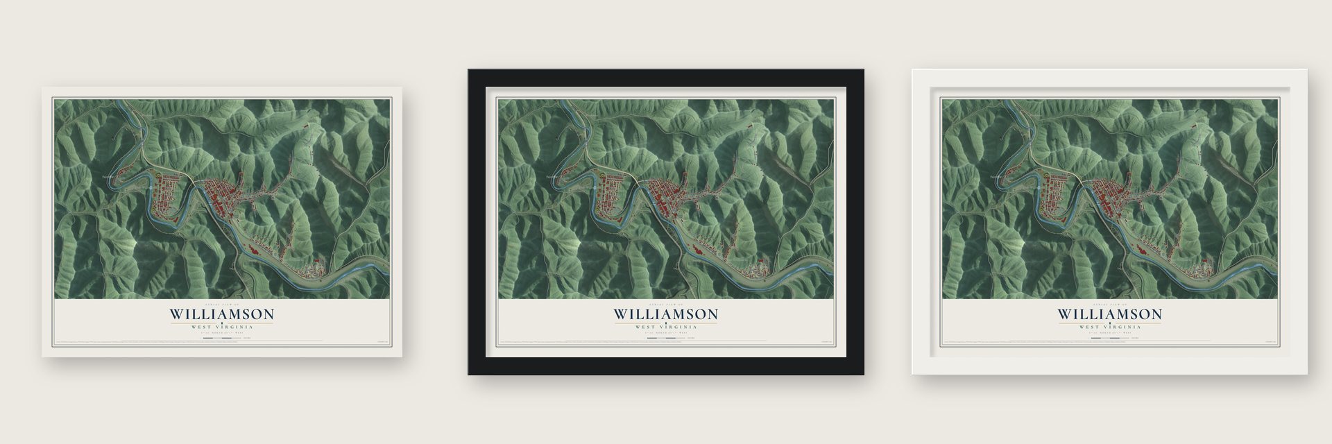 Williamson, West Virginia map unframed, in a black wood frame and in a white wood frame