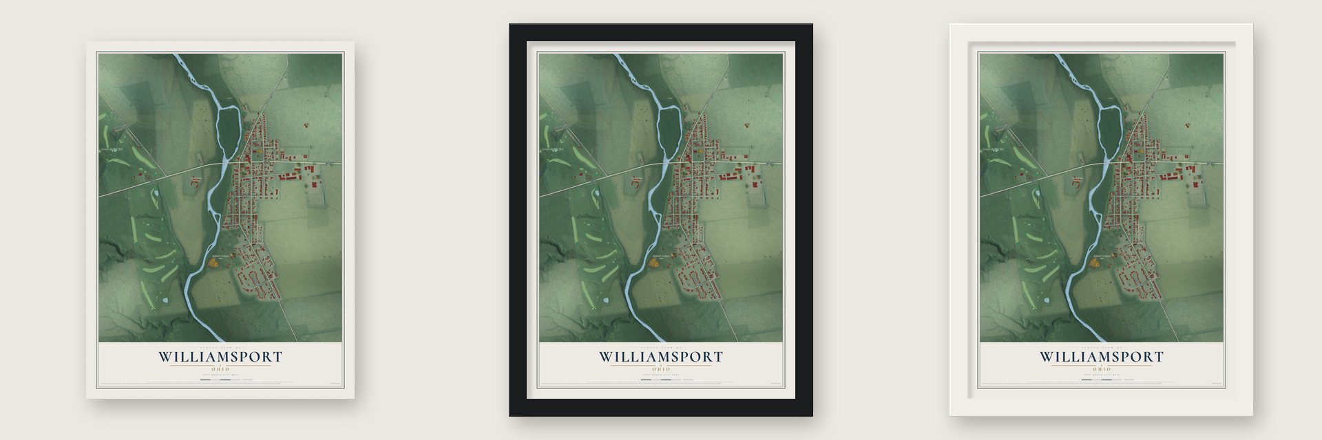 Williamsport, Ohio map unframed, in a black wood frame and in a white wood frame