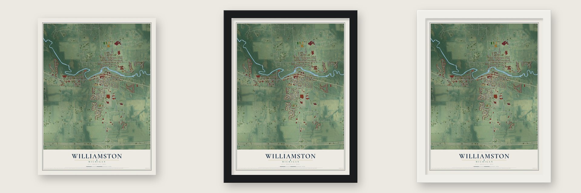 Williamston, Michigan map unframed, in a black wood frame and in a white wood frame