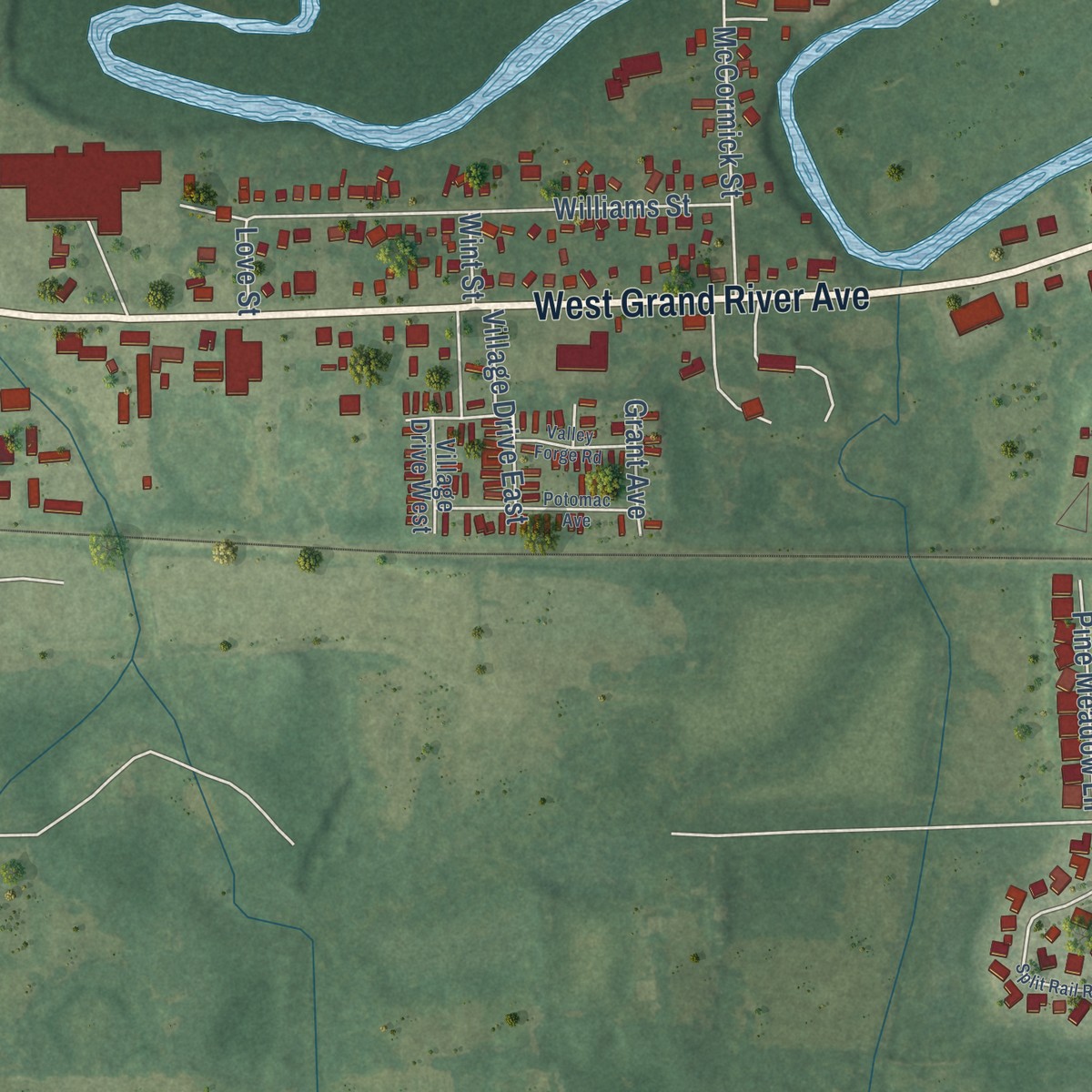 Second close-up of the map of Williamston, Michigan print showing more streets and buildings