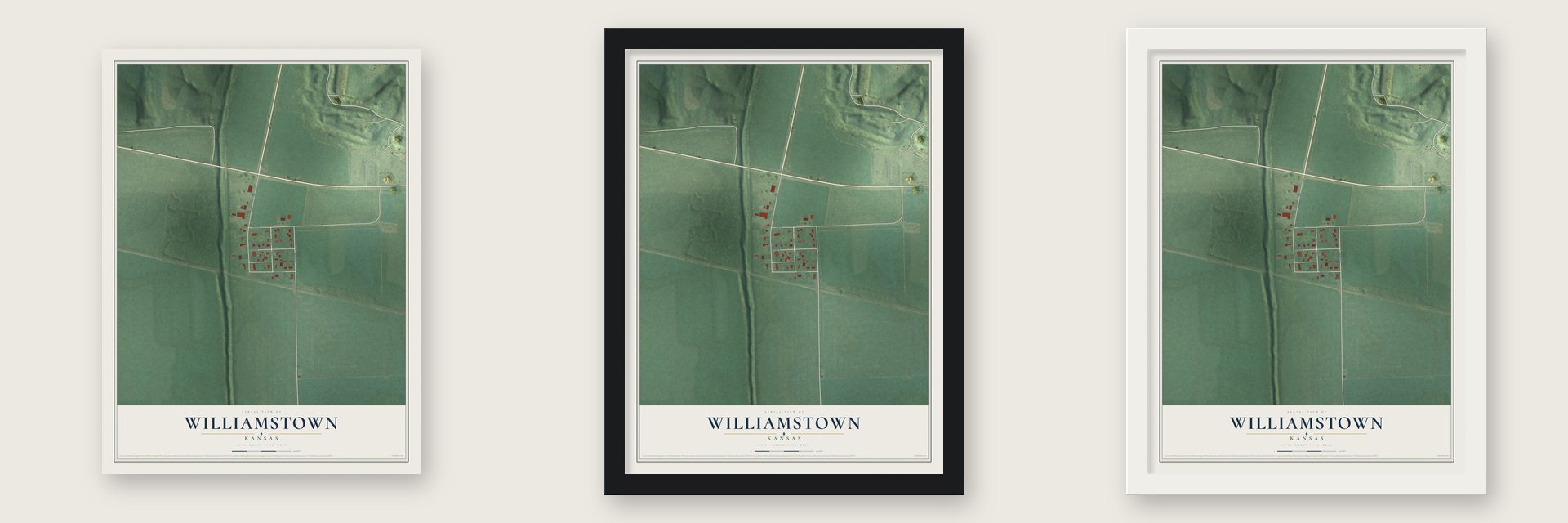 Williamstown, Kansas map unframed, in a black wood frame and in a white wood frame