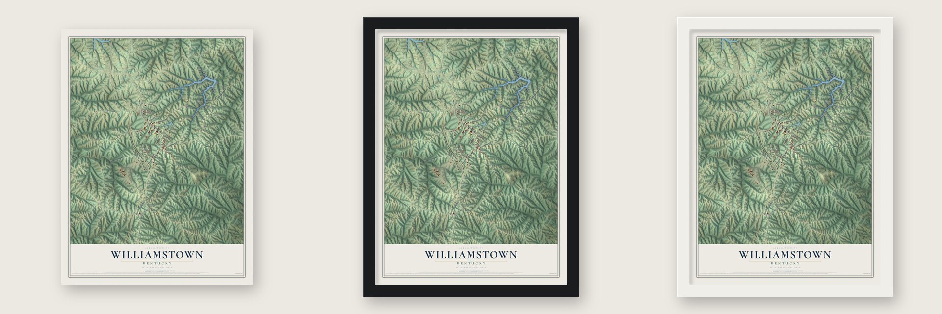 Williamstown, Kentucky map unframed, in a black wood frame and in a white wood frame